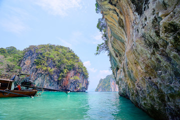 Beautiful landscape with rocks, cliffs, tropical beach. Krabi, Thailand.