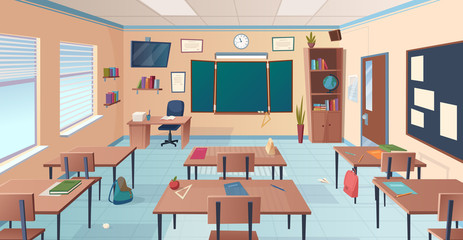 Classroom interior. School or college room with desks chalkboard teacher items for lesson vector cartoon illustration. College interior class, chalkboard in classroom