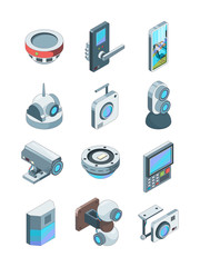 Security cameras. Smart wireless alarm home secure cctv device surveillance vector isometric pictures isolated. Smart system and security camera for monitorin house illustration