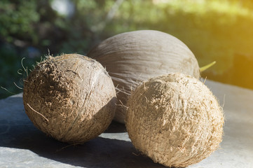 Close-up of old coconut and the peeled coconut are ready to be grated. And squeezed coconut milk To use as a food ingredient with selective focus.