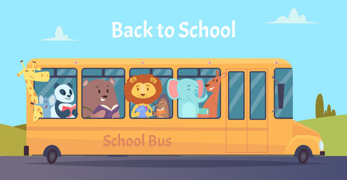 School bus. Zoo animals characters back to school on yellow bus vector learning education concept. School bus with animals drive to education illustration