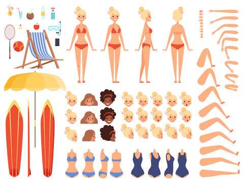 Summer characters. Faces female human body parts summer swimsuit tourists vacation chaise longue cocktail umbrella vector creation kit. Illustration girl body, head and arm, leg and hand constructor