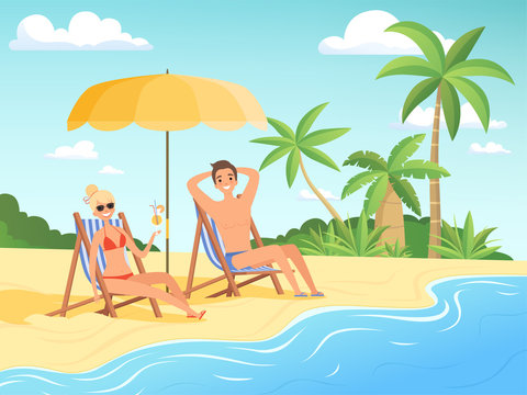 Summer characters. Male and female person have a rest on the beach cartoon seaside background summer vacation vector. Illustration of girl and boy on seaside, summertime tropical