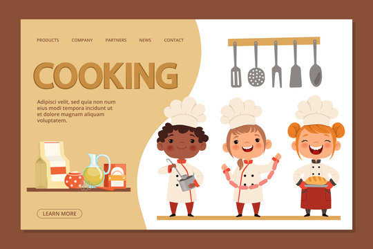 Cute kids chefs - cooking landing page banner template with cartoon character children and utensils. Web banner boy and girl, child chef cartoon illustration