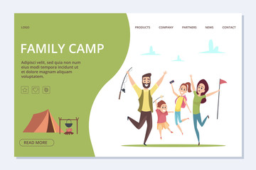 Family camp landing page. Vector happy cartoon family, adventure time banner. Illustration of page landing with happy summer vacation family