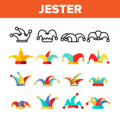 Fototapeta premium Funny Jester Hat Linear Vector Icons Set. Jester, Clown Caps with Bells Thin Line Contour Symbols Pack. Harlequin Costume Pictograms Collection. Circus, Medieval Carnival Flat Illustrations