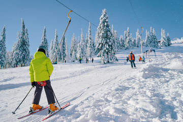 Skiing area in Ukrainian Carpathian in the morning light. Beautiful winter landscape. Nature and...