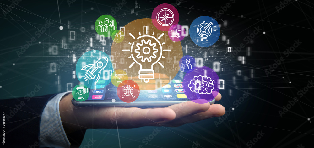 Poster cloud of colorfull start up icon bubble with data businessman holding a binary 3d rendering