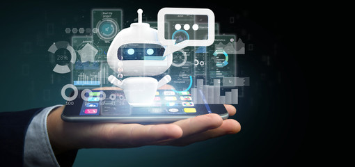 Businessman holding Chatbot with binary code, message and data 3d rendering