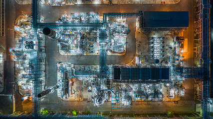 Aerial view oil refinery, refinery plant, refinery factory at night.
