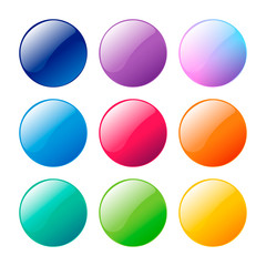 Colorful round, circle glossy buttons set. Vector assets for web or game design, app buttons, icons template isolated on white background.