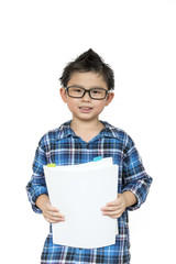 Asia kid waring glasses ready for a classroom on white background on isolated, Back to school