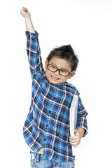 Back to school. Cute boy in glasses having cheerful when time to school on white background on isolated