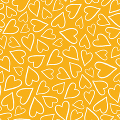 Hand drawn white tossed heart outlines pattern on a yellow background. A pretty vector seamless repeat pattern ideal for valentines fabric, scrap booking and stationery projects projects.
