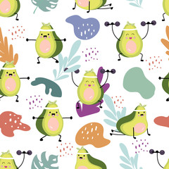 orange green avocado seamless pattern with leaf and dumbbell