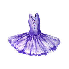 Violet ballet dress. Watercolor illustration isolated on white background. Tutu