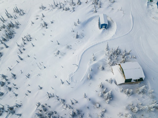 Spruce Christmas trees and houses  on mountain slop in winter under the snow. Aerial view