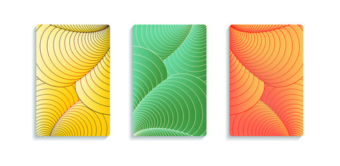 three abstract covers with shells curves in yellow green orange shades
