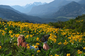 Carefree woman lying among flowers, enjoying the sun and relaxing. Arnica flowers blooming in...