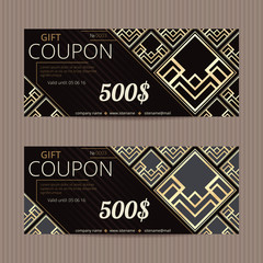 Two gift vouchers in luxury style. Vector discount cards. Art Deco tiles. Golden and silver ornament.