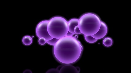 3D image of many glowing purple balls in a dark space. Illustration for futuristic and scientific, abstract composition. The idea of nuclear reactions and celebration. 3D rendering, isolated.