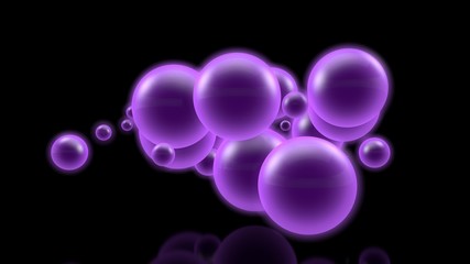 3D image of many glowing purple balls in a dark space. Illustration for futuristic and scientific, abstract composition. The idea of nuclear reactions and celebration. 3D rendering, isolated.