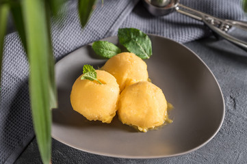 Mango ice cream sorbet with mint leaves on rustic background