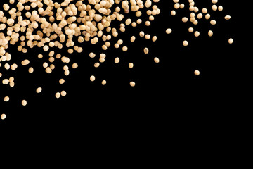 Soy bean splash from corner isolated on black background, Stop motion, food and drink object design