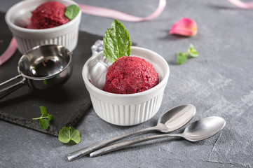 Berry ice cream or sorbet on rustic background