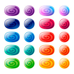 Colorful oval and circle glossy candy set. Vector assets for web or game design, app buttons, icons template isolated on white background.