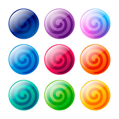 Colorful round, circle glossy candy set. Vector assets for web or game design, app buttons, icons template isolated on white background.