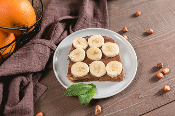 Sweet, tasty sandwich with chocolate and banana