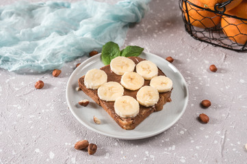 Sweet, tasty sandwich with chocolate and banana
