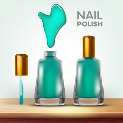 Bottle Of Green Nail Polish Female Cosmetic Vector. Elegant Closed And Opened Full Glassy Vial, Splash Blur And Tassel For Care Nail. Fashion Decorate For Woman Manicure 3d Illustration