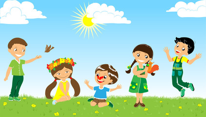 Group of children on recreation in nature