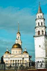 Russia.  Nev . Demidov's leaning tower and Transfiguration Cathedral .  Sverdlovsk regio