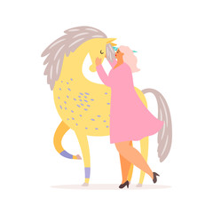 Vector fantasy illustration of girl and unicorn. Fabulous horse animal with horn