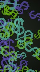 Multicolored translucent dollar signs on dark background. Green tones. 3D illustration