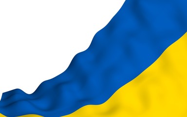 The flag of Ukraine on a white background. National flag and state ensign. Blue and yellow bicolour. 3D illustration waving flag