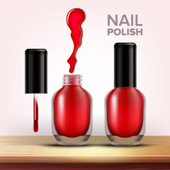 Bottle Of Red Nail Polish Female Cosmetic Vector. Full Closed And Opened Glassy Vial With Black Cap On Top And Colorful Blot Of Cosmetic Fashion Liquid. Paint Woman Accessory 3d Illustration