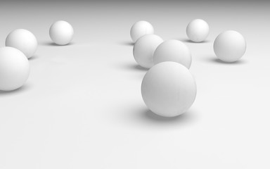 White abstract background. Set of white balls isolated on white backdrop. 3D illustration