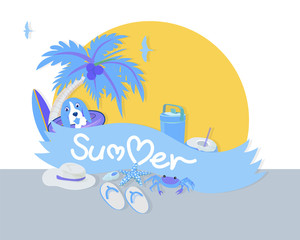 Fototapeta na wymiar Summer time banner with typographic on ribbon, beach elements, coconut tree with adorable begle dog in life ring. vector illustration.