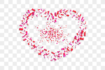 Heart confetti isolated white transparent background. Fall red confetti, heart-shape. Valentine day holiday, romantic wedding border card. Valentines decoration frame Love design. Vector illustration
