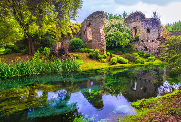 dream river enchanted castle ruins garden fairy tale nymph garden - obrazy, fototapety, plakaty