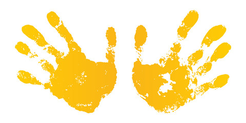 Hand paint print set, isolated white background. Yellow human palm, fingers. Abstract art design, symbol identity people. Silhouette child, kid, people handprint. Grunge texture. Vector illustration - 268473339