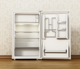 Small size hotel refrigerator standing on parquet floor. 3D illustration