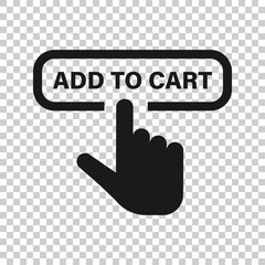 Add to cart shop icon in transparent style. Finger cursor vector illustration on isolated background. Click button business concept.