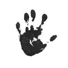 Hand print isolated on white background. Black paint human hands. Silhouette of child, kid, young people handprint. Stamp fingers and palm shape. Abstract design. Grunge texture. Vector illustration