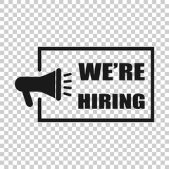 We're hiring icon in transparent style. Job vacancy search vector illustration on isolated background. Megaphone announce business concept.
