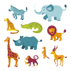 Set of African animals. Savannah zoo clipart isolated on white background. Illustrations for children's books, t-shirts, Wallpapers, textiles, posters, cards, logos, web. Vector